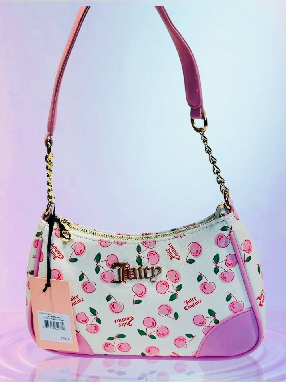 Juicy Couture Pink Cherry Print Shoulder Bag with Gold Hardware